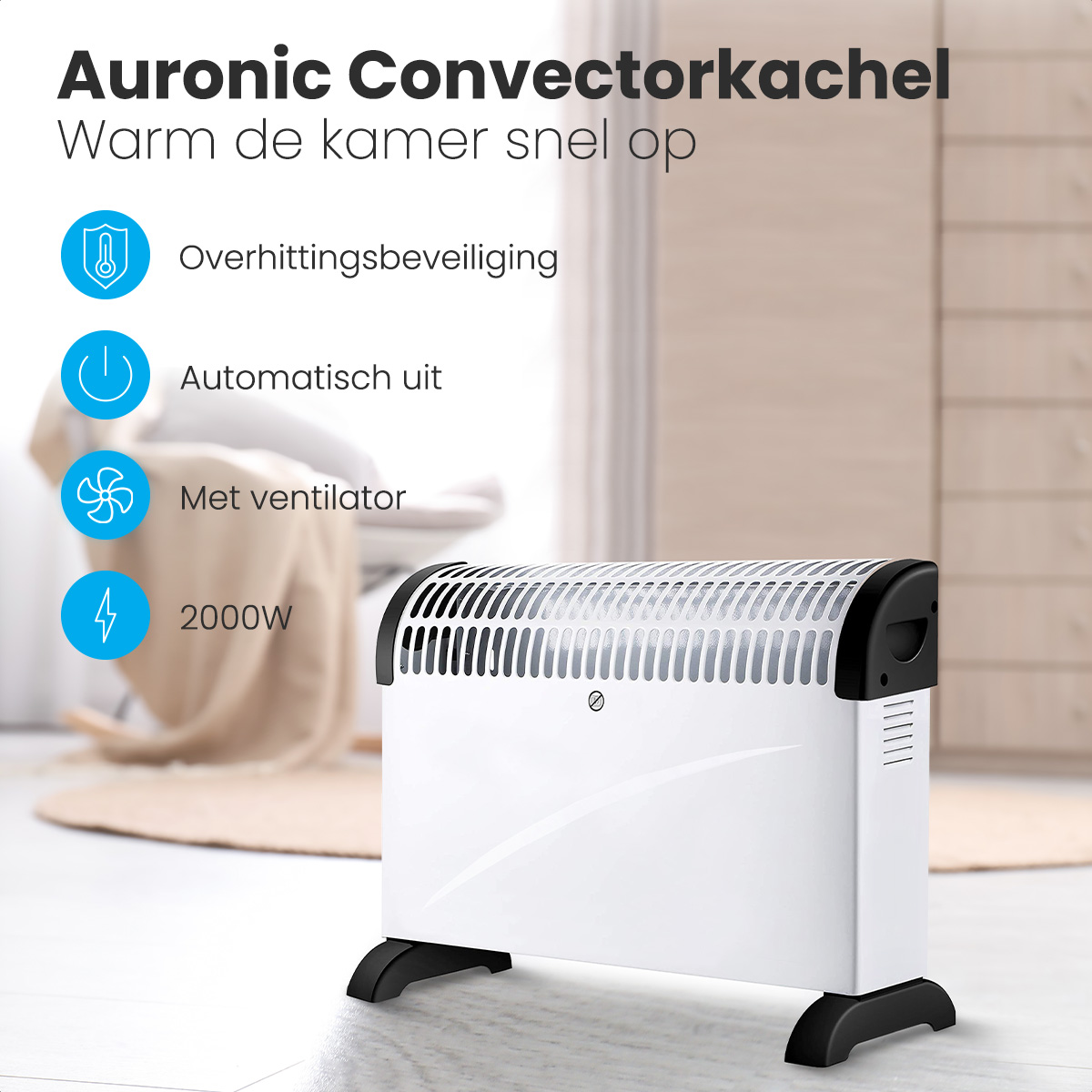 A white and black Auronic Convectorkachel heater. It has four icons detailing features, and is in a room setting.