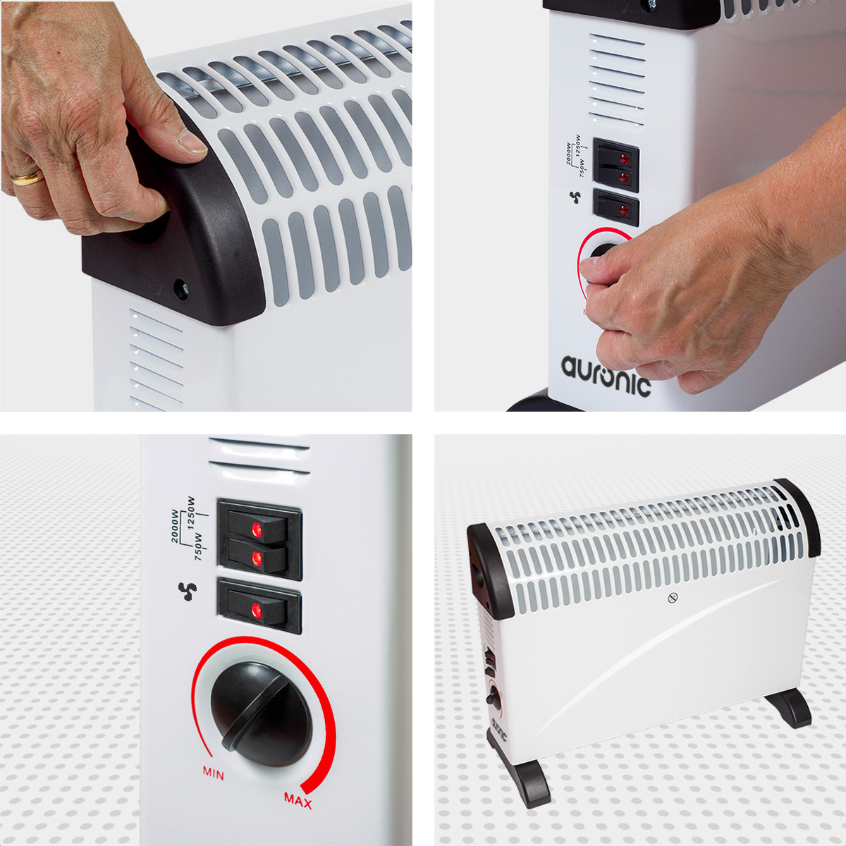 A white oil-filled radiator with black accents. Hands adjust the controls and handle. Switches and a dial are visible.
