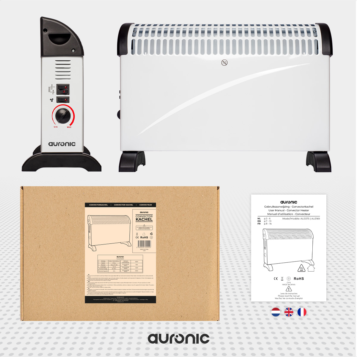A white and black Auronic heater with a box and a manual on a white background.