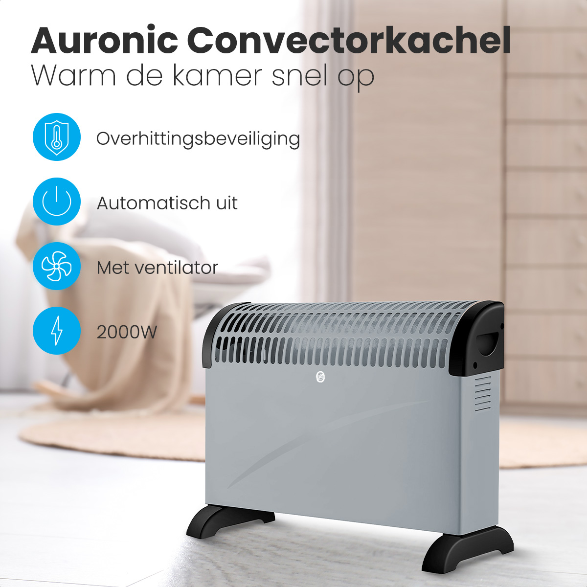 A grey Auronic Convectorkachel heater. Features include overheating protection, automatic shutoff, a fan, and 2000W output.