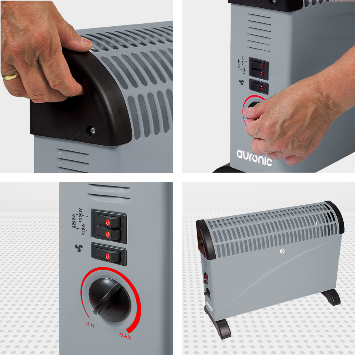 A gray electric heater with black control knobs and switches. A hand adjusts the temperature dial. The brand name is visible.