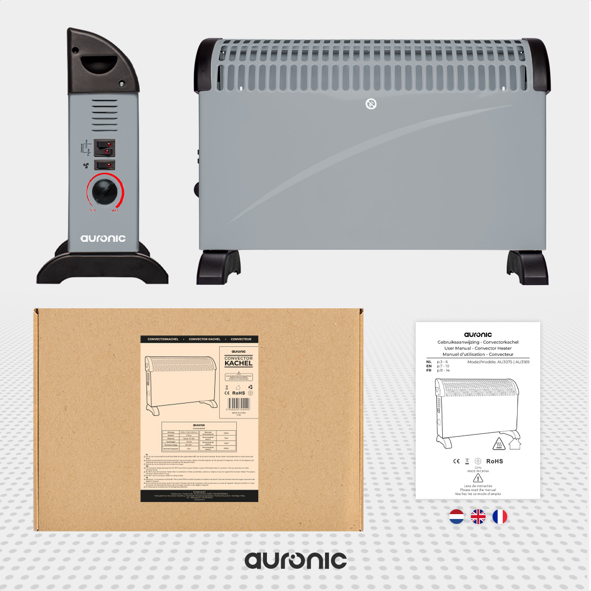 Image shows three Auronic heaters, a box with text, and a user manual with text. Heaters are gray and black.