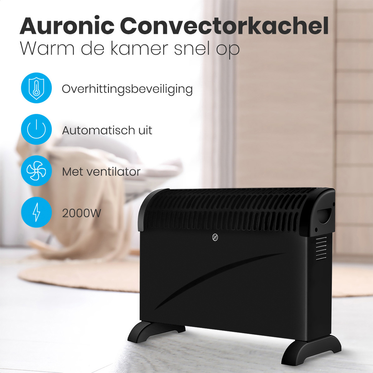 A black convector heater stands on a light surface. Text above lists features. In the blurred background, there's a chair and rug.