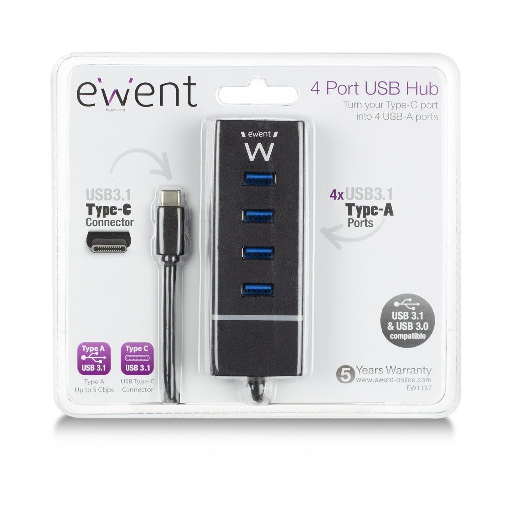 Hub USB Ewent a 4 porte. Dispone di un connettore di tipo C e 4 porte USB 3.1 di tipo A. Compatibile con USB 3.1 e USB 3.0.