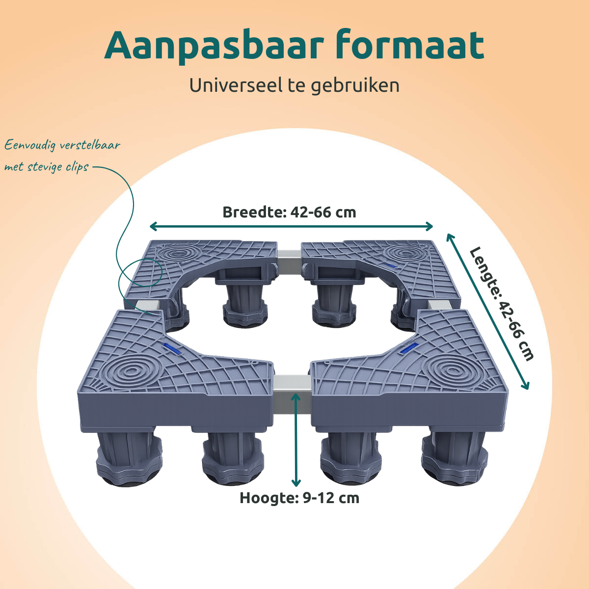Adjustable appliance stand. Gray plastic with dimensions: width 42-66 cm, length 42-66 cm, height 9-12 cm. Text in Dutch.