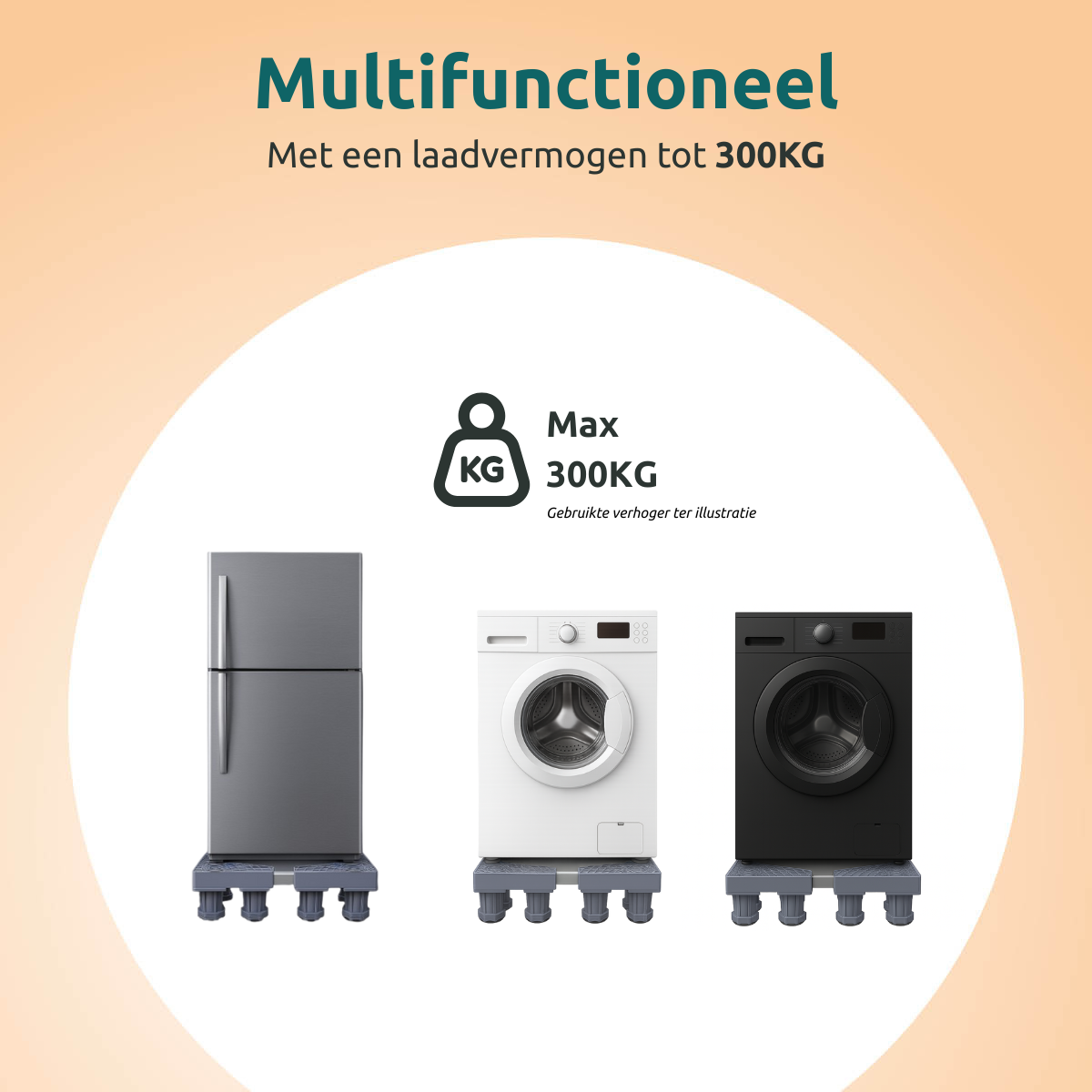 Image shows a refrigerator, a white and a black washing machine on grey platforms. Text says 'Multifunctioneel' and 'Max 300KG'.