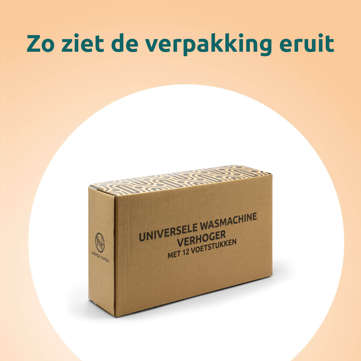 A cardboard box with text. The box is for a universal washing machine riser with 12 feet. The box is light brown.