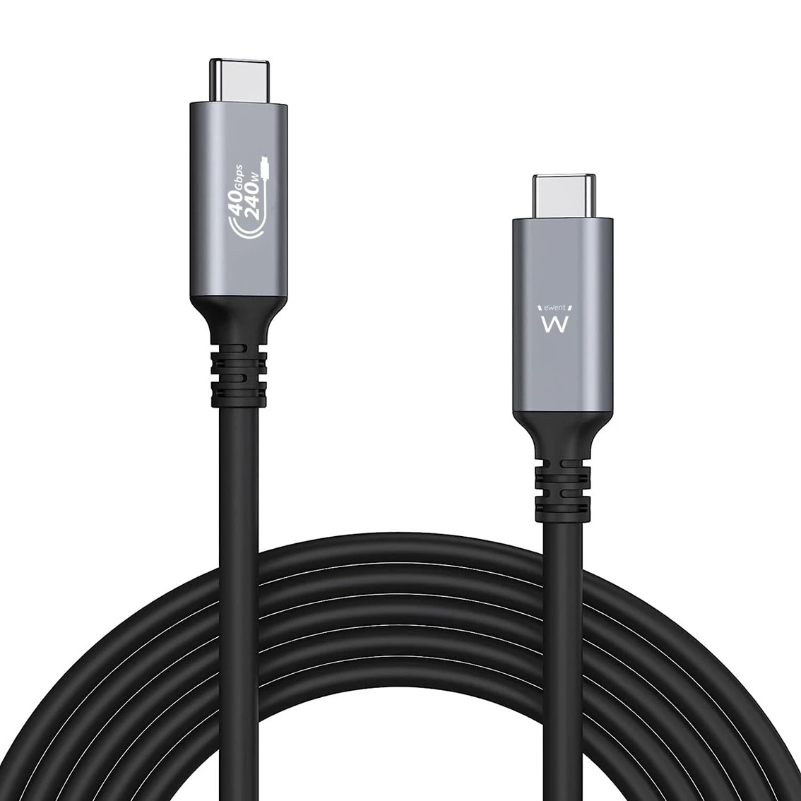 Due cavi USB-C neri con connettori argentati. Un cavo ha '40 Gbps 240W'. Cavi su sfondo bianco.