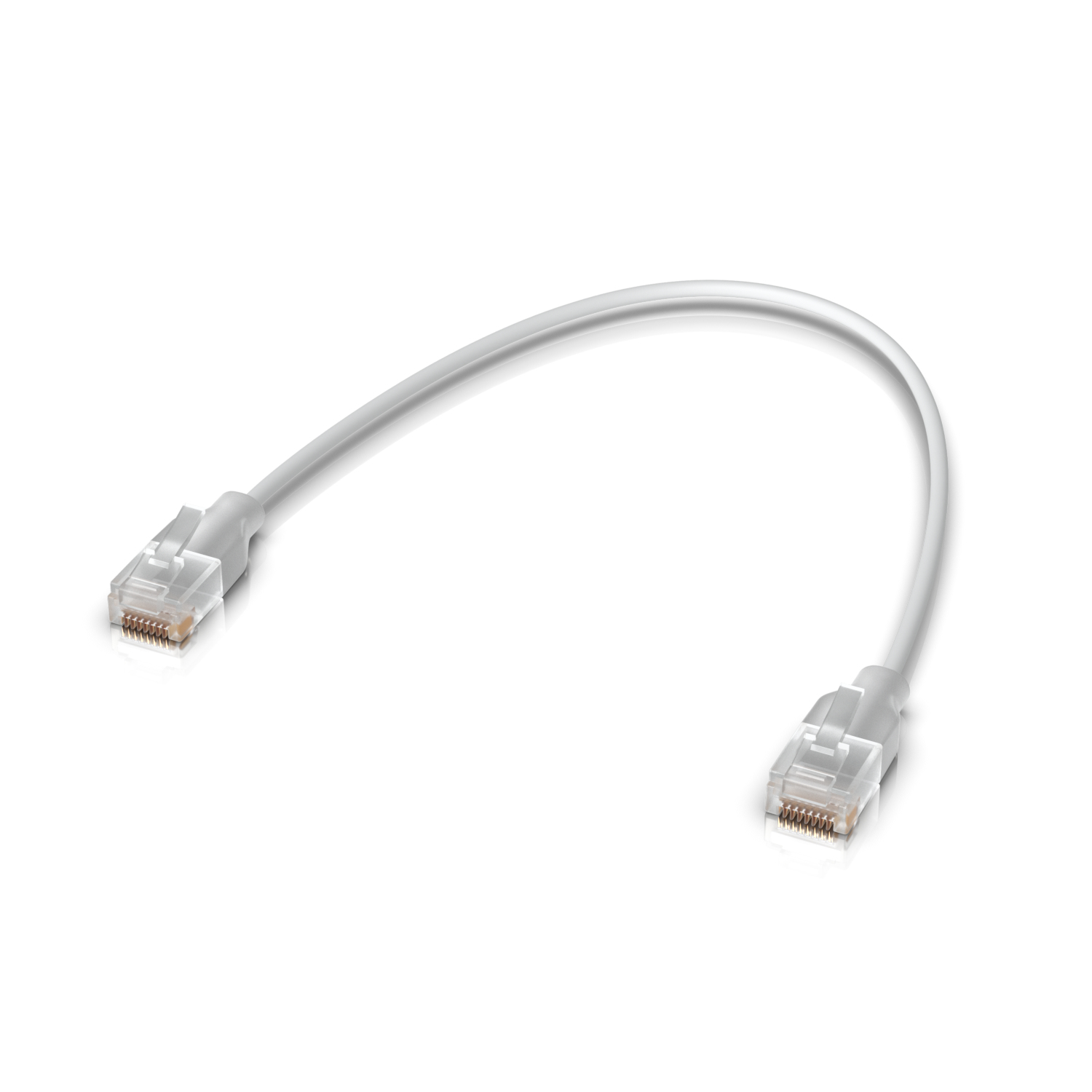 A white Ethernet cable lies on a white surface. Two clear RJ45 connectors are at the ends. The cable has a slight curve.