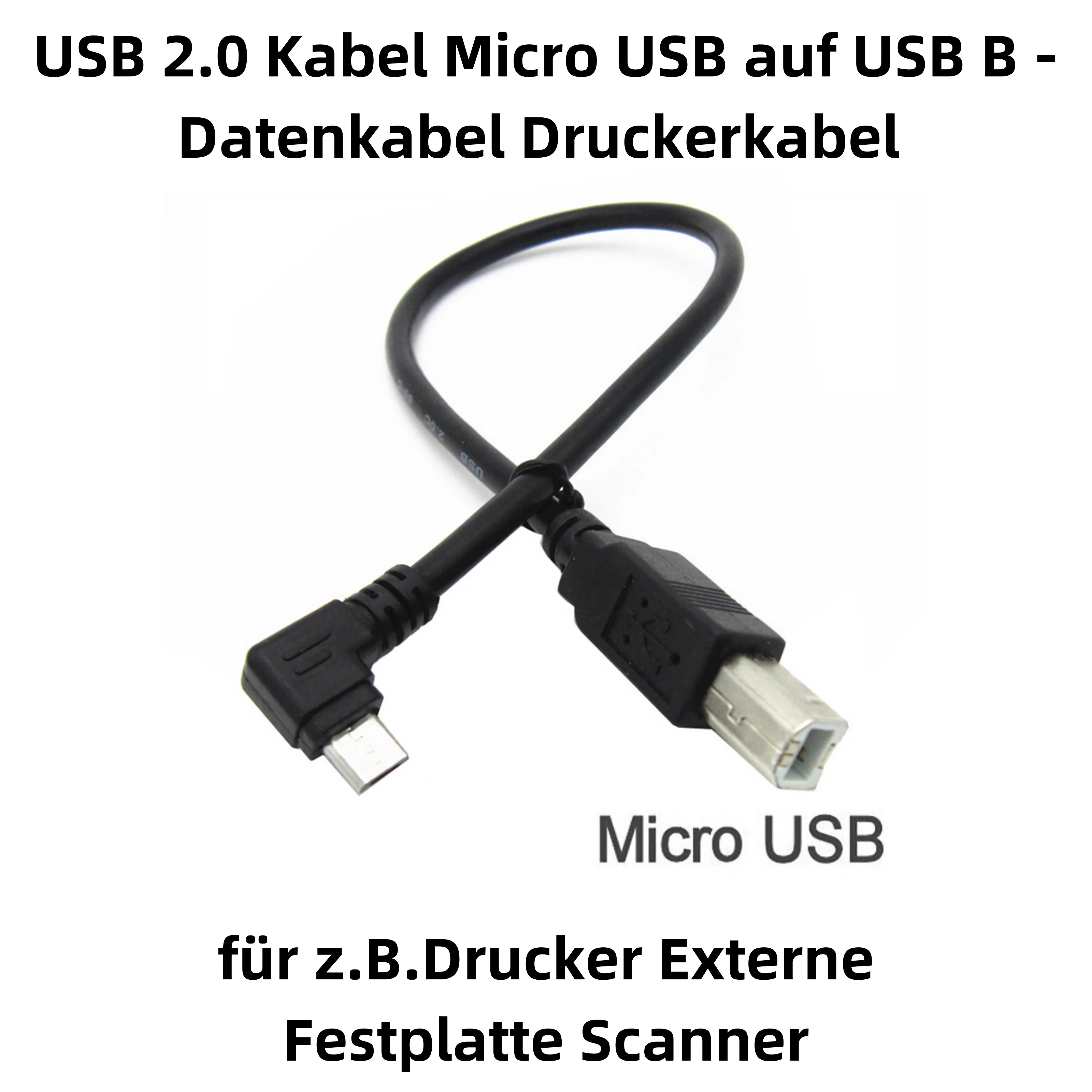 Ein schwarzes USB-Kabel mit Micro-USB- und USB-B-Anschlüssen. Der Text weist auf Drucker, Festplatten und Scanner hin.