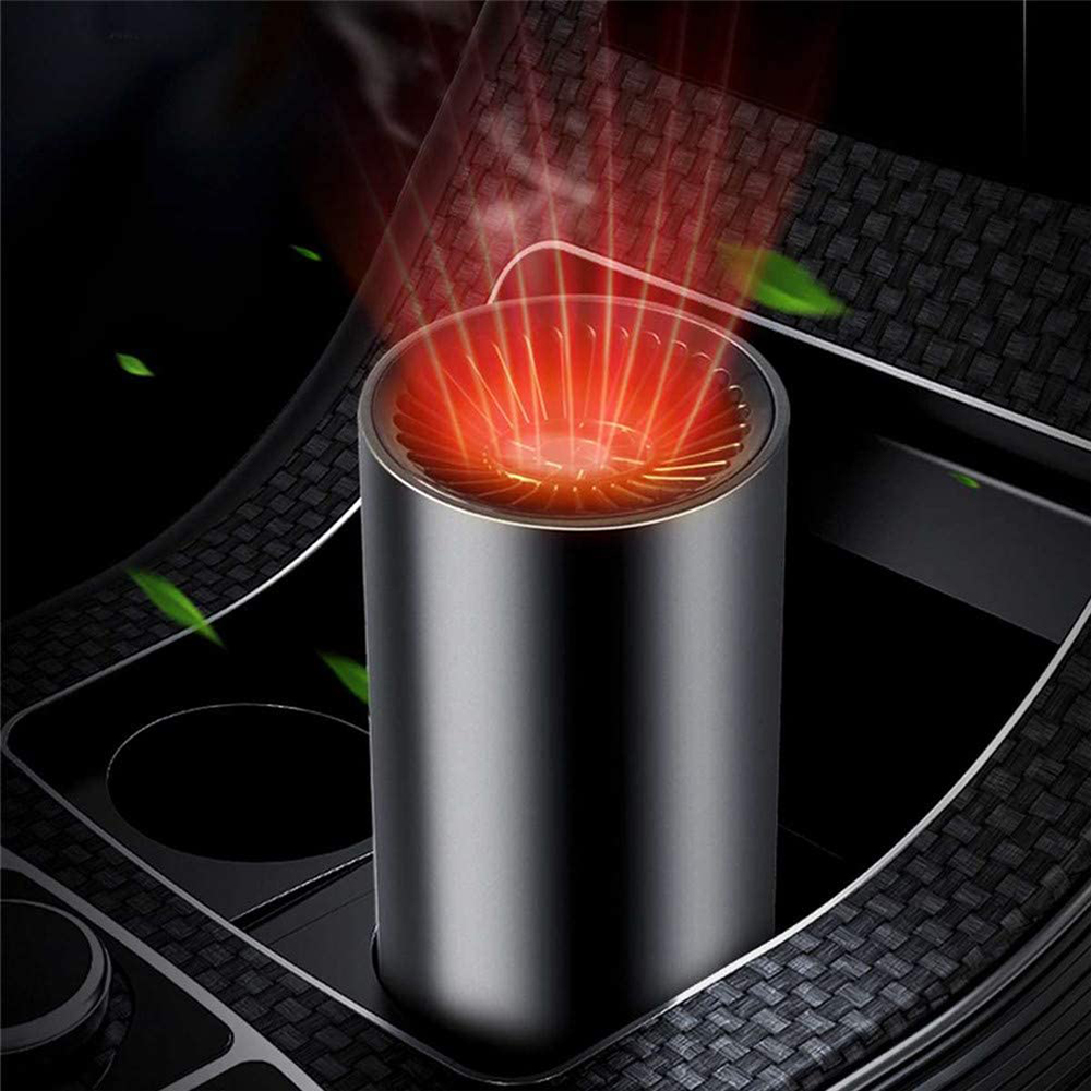 Ein metallisches zylindrisches Gerät, das rotes Licht aussendet, möglicherweise ein Auto-Lufterfrischer, in der Konsole eines Autos. Schwarze und Kohlefasertexturen.