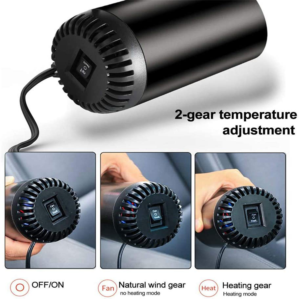 Schwarze Autoheizung mit 2-Gang-Temperatureinstellung. Zeigt Ventilator, kein Heizmodus und Wärme, Heizmodus. Enthält Ein/Aus-Schalter.
