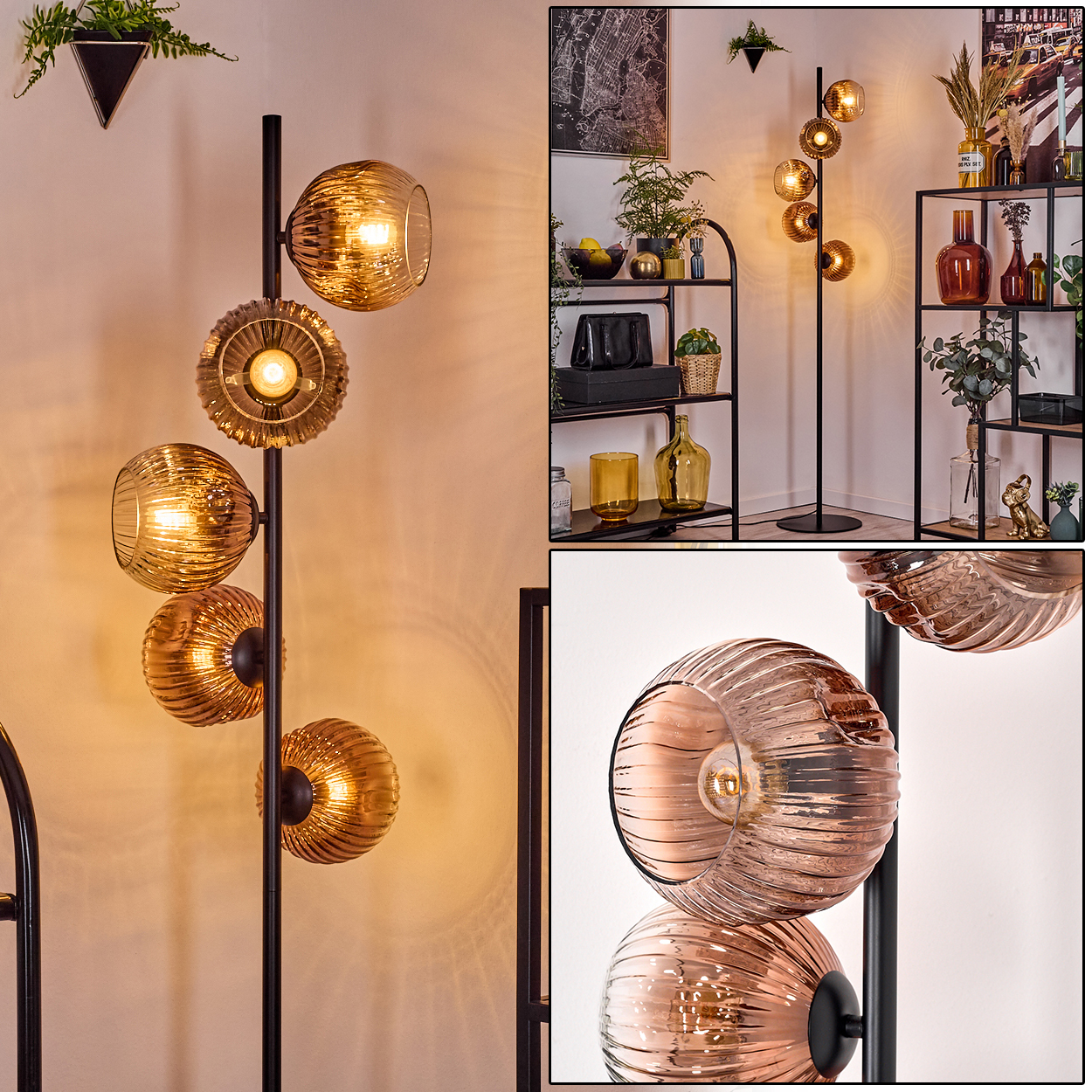 Eine moderne Stehlampe mit fünf kugelförmigen, bernsteinfarbenen Glasschirmen. Sie steht in einem Raum mit Regalen und Pflanzen.