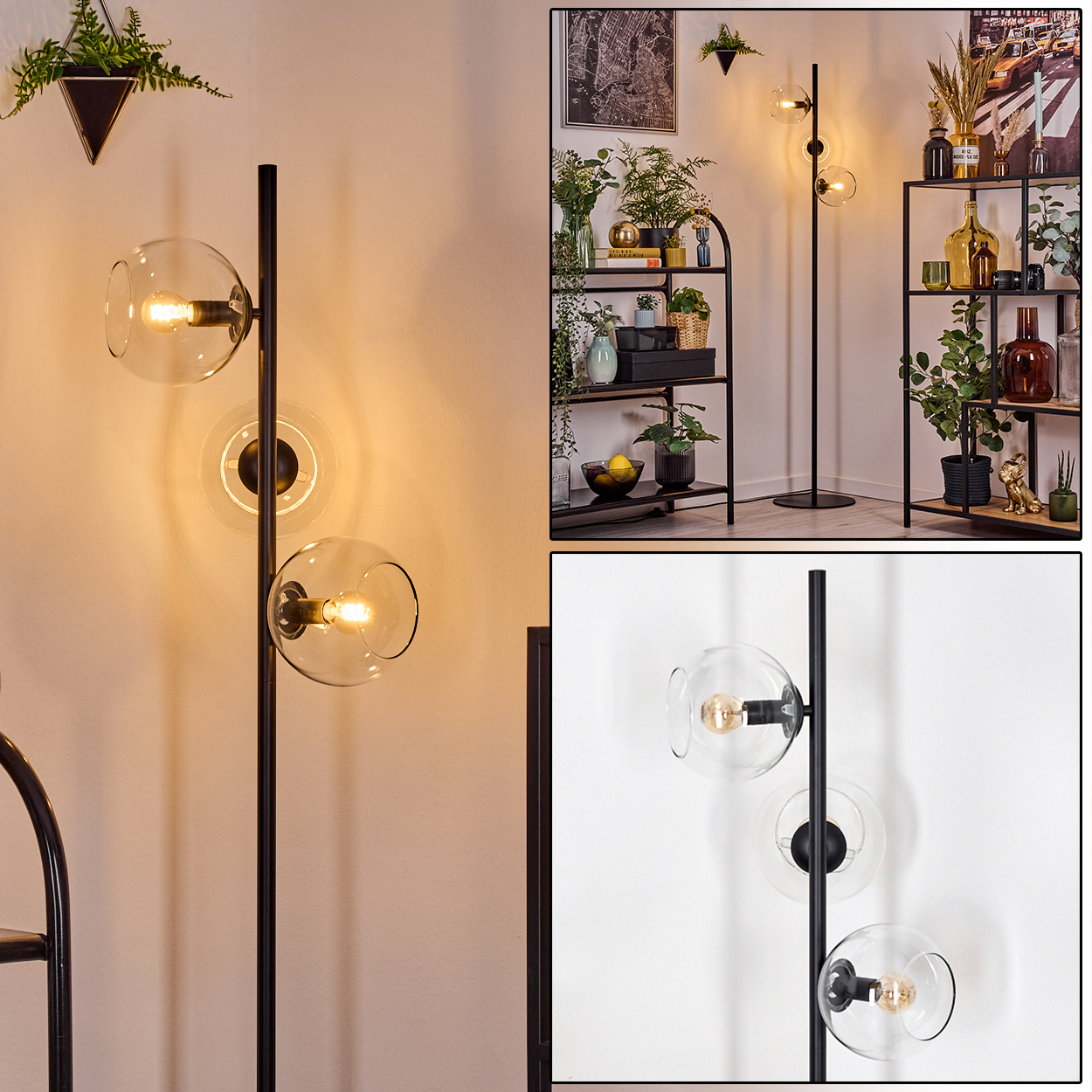 Eine moderne Stehlampe mit drei Glaskugelschirmen. Der schwarze Metallrahmen steht in einem Raum mit Regalen und Pflanzen.