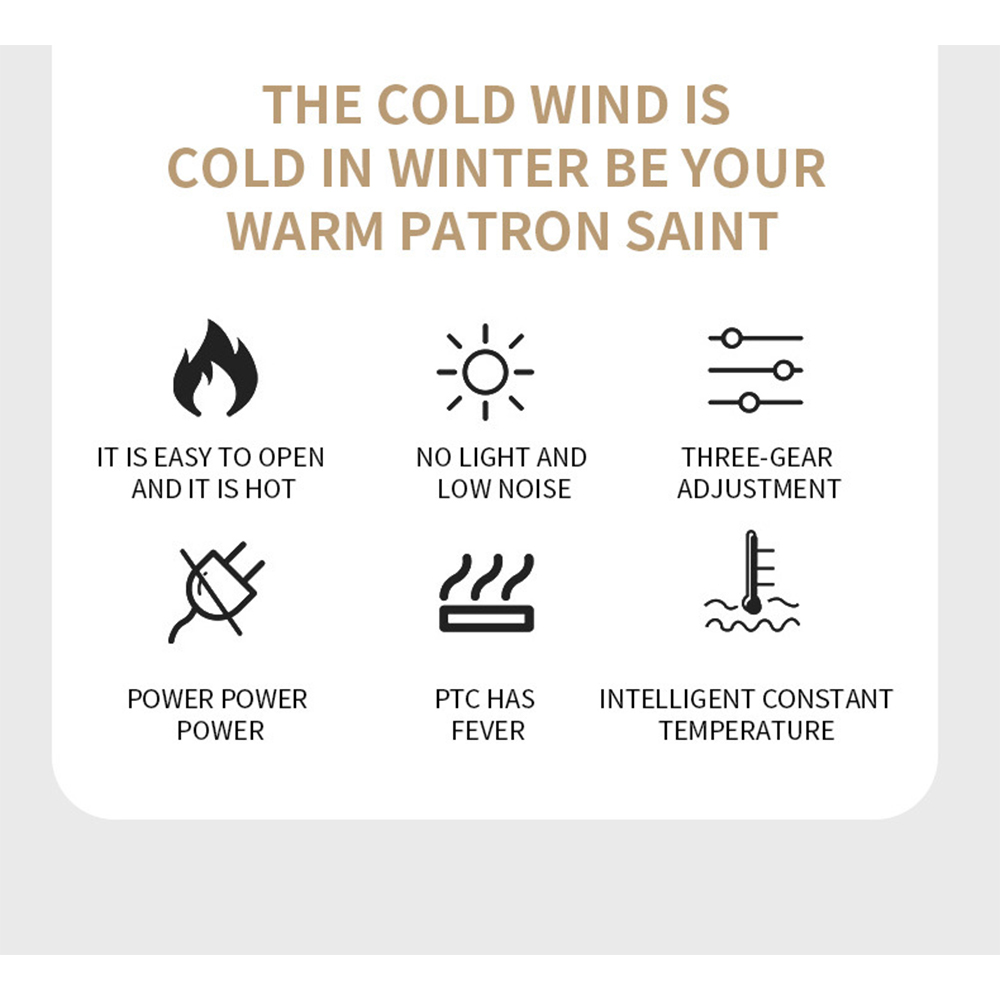 Bild mit Text: 'Der kalte Wind ist kalt im Winter...' Symbole für Wärme, Einstellung und Leistungseinstellungen.