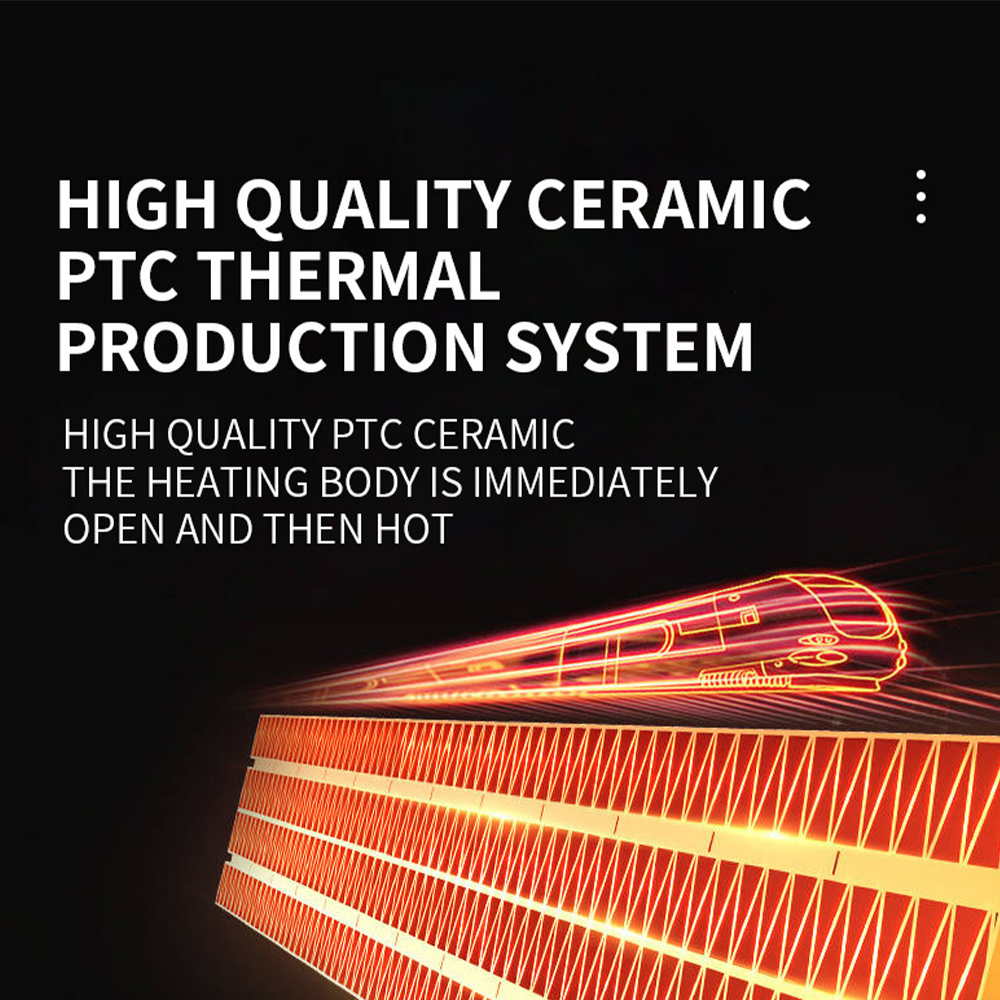 Das Bild zeigt ein keramisches PTC-Wärmeproduktionssystem. Es enthält Text und eine Abbildung eines Heizelements und einer zugartigen Struktur.