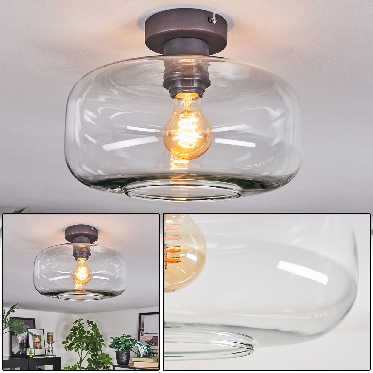 Eine moderne Deckenlampe mit Glasschirm und sichtbarer, leuchtender Glühbirne. Die Lampe ist an einer weißen Decke montiert.