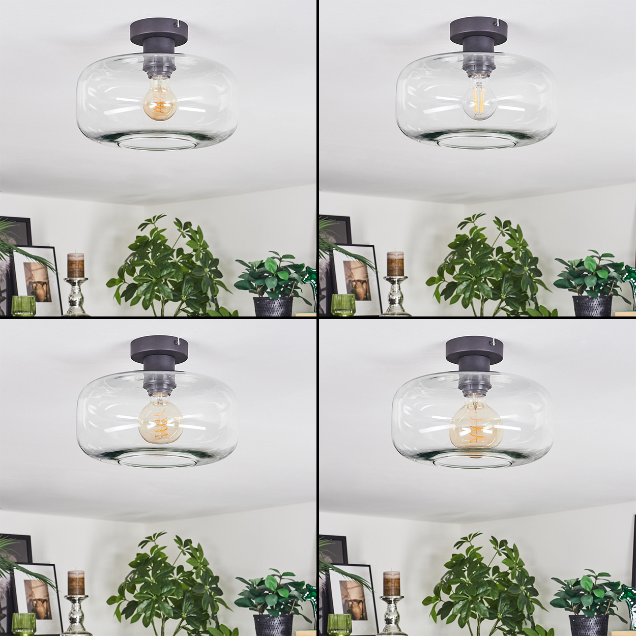 Eine moderne Deckenlampe mit Glasschirm und sichtbarer Glühbirne. Darunter ein Regal mit Pflanzen, Kerzen und gerahmten Bildern.