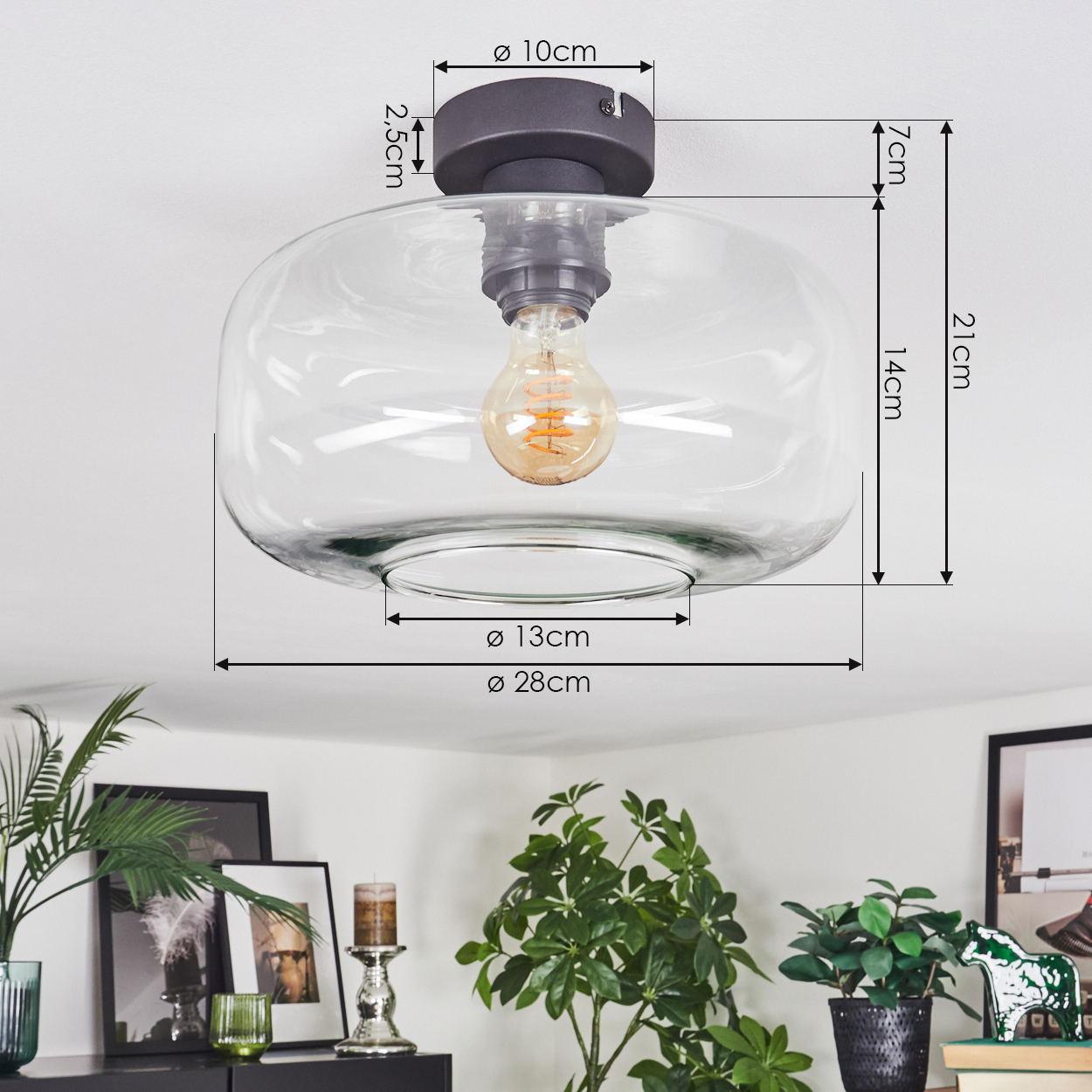 Eine klare Glas-Deckenlampe mit Maßangaben, die über Pflanzen und gerahmten Bildern auf einem schwarzen Schrank hängt.