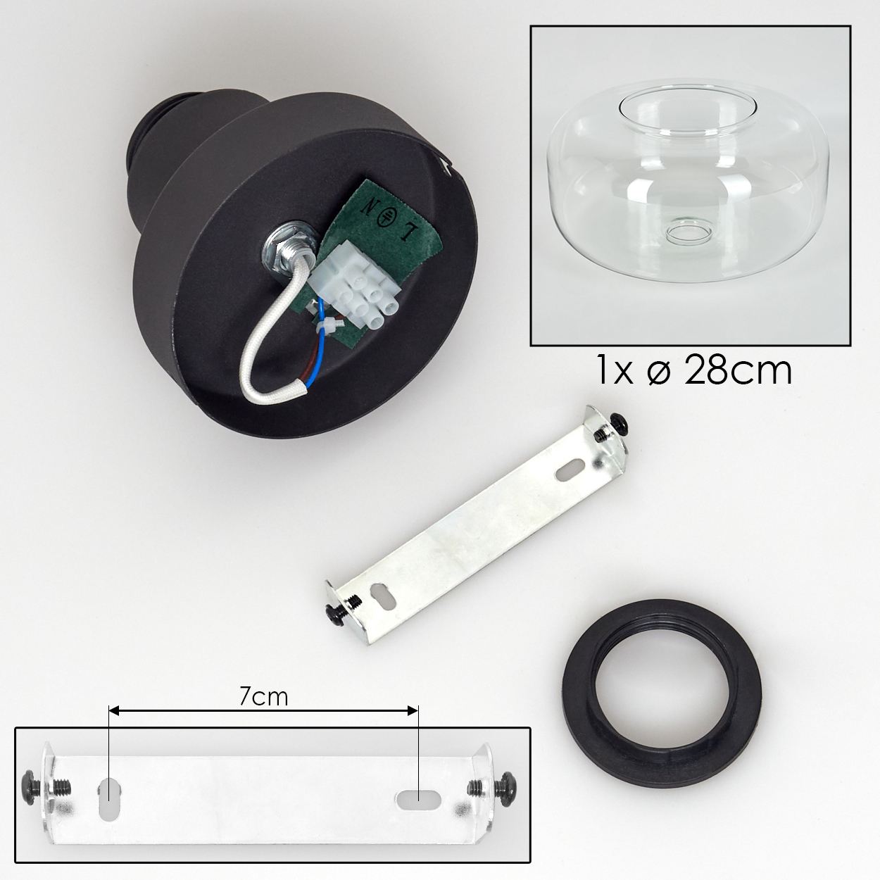 Draufsicht auf Lampenkomponenten: schwarzer Lampensockel, klarer Glasschirm, Metallhalterung, schwarzer Ring und eine 7 cm Halterung.