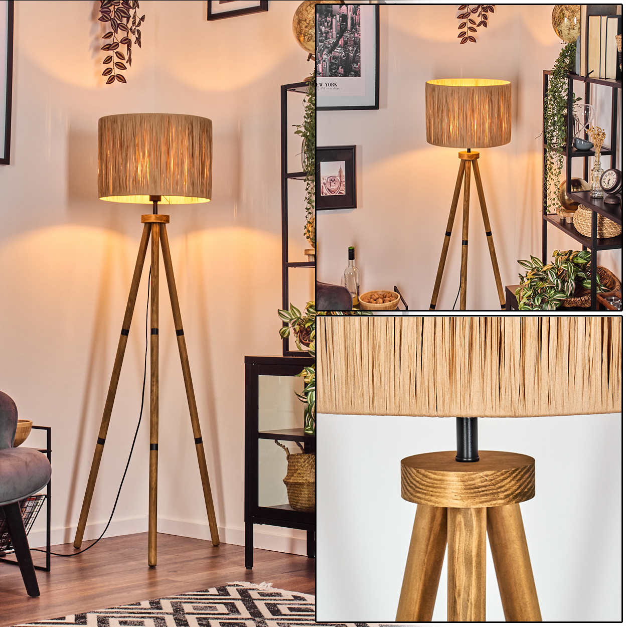 Eine hölzerne Stativ-Stehlampe mit beigem Lampenschirm steht in einem Raum. Dahinter Regale mit Deko. Ein Teppich auf dem Boden.