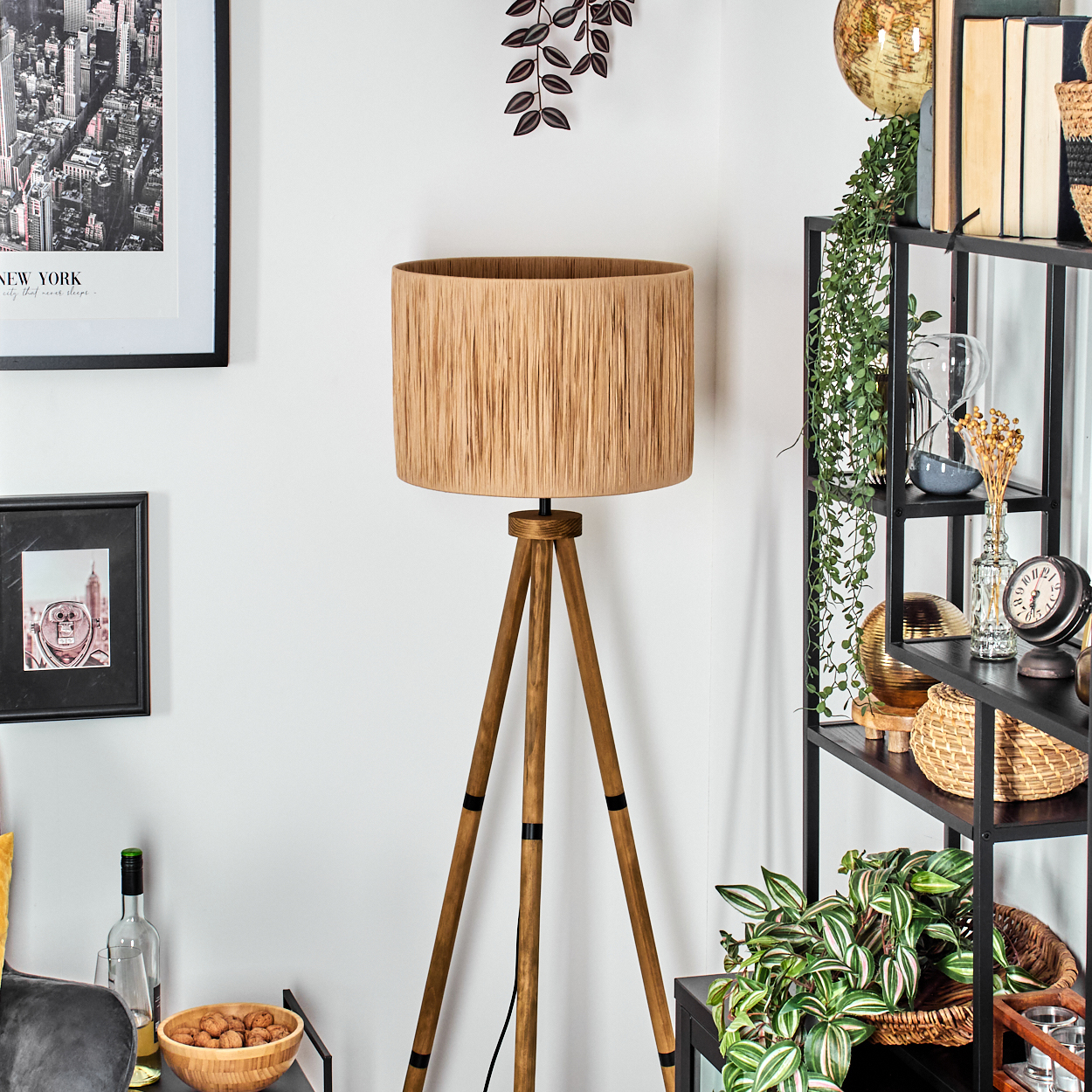 Ein Raum mit einer hölzernen Stativlampe, einem Regal mit Pflanzen, Büchern und Dekoration sowie Bildern an der Wand.