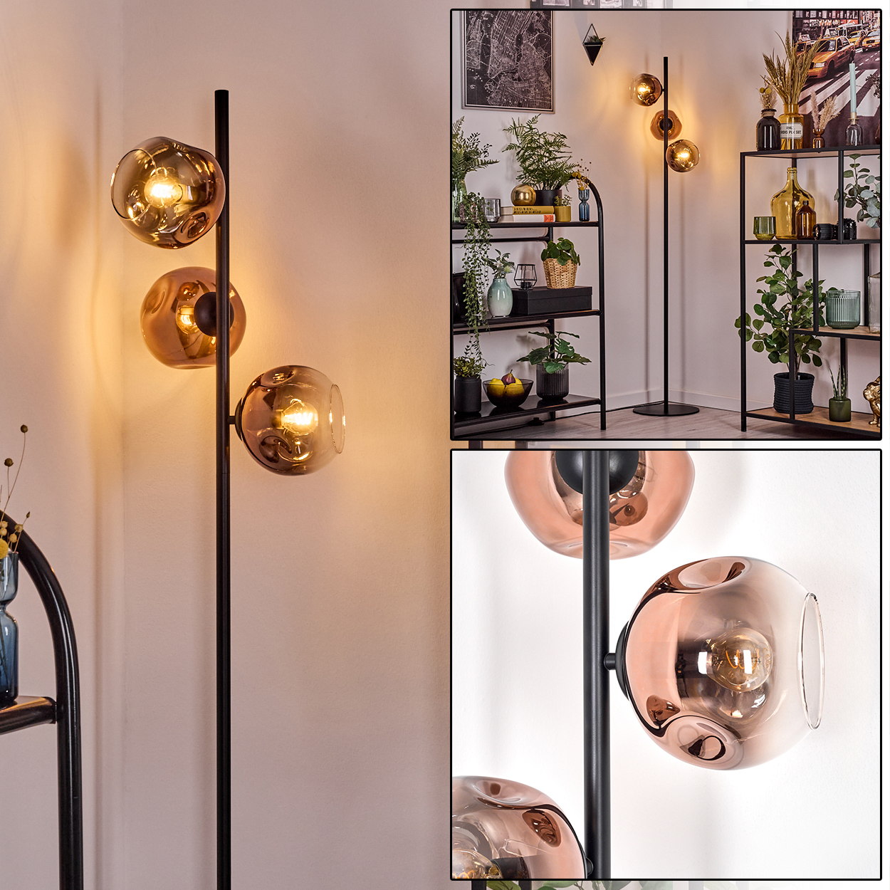 Eine moderne Stehlampe mit drei bernsteinfarbenen Glaskugelschirmen. Die Lampe steht in einem Raum mit Regalen und Pflanzen.