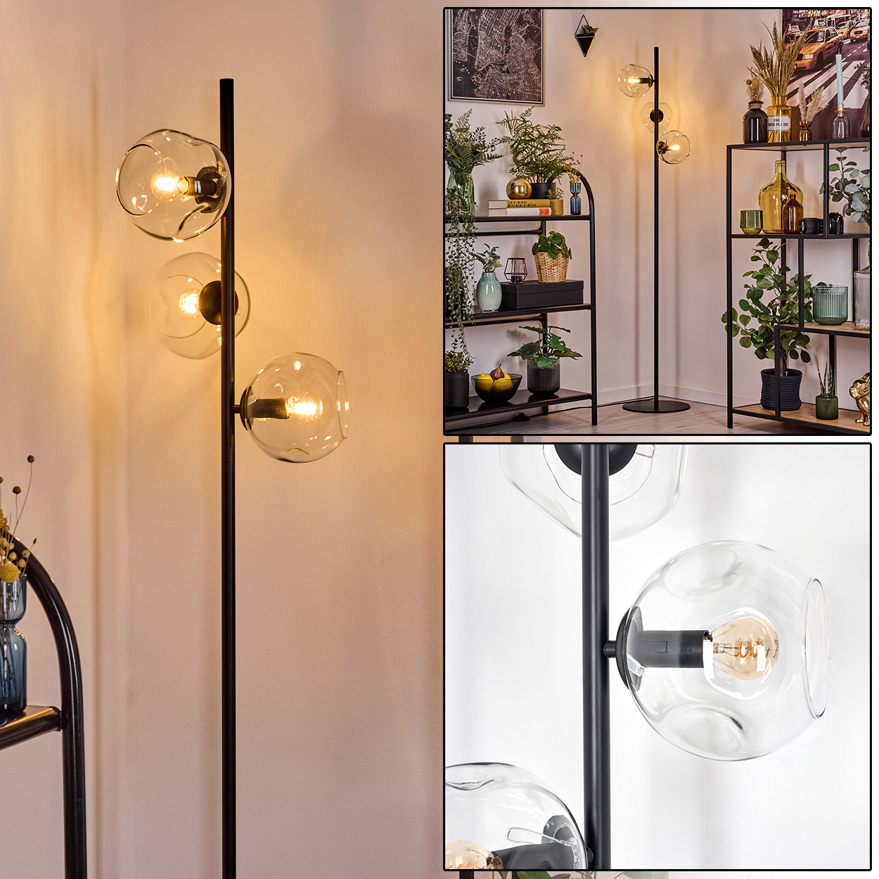 Eine moderne schwarze Stehlampe mit drei Glaskugelschirmen. Im Hintergrund Regale mit Pflanzen und Dekoration.