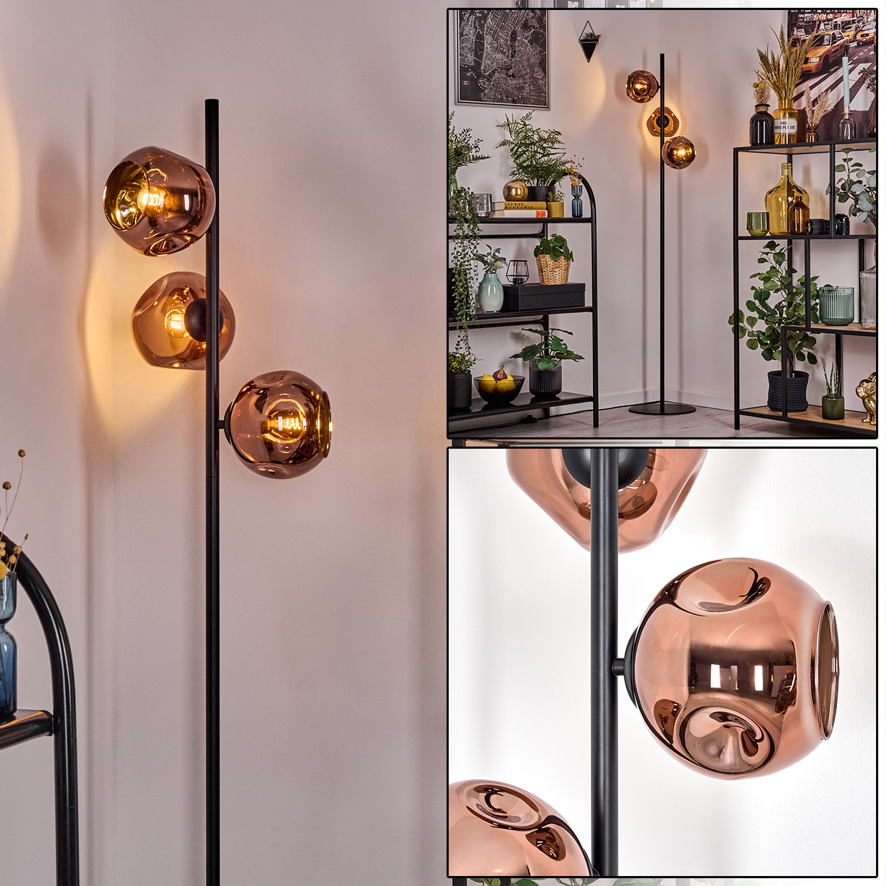 Eine moderne Stehlampe mit drei kupferfarbenen Glaskugeln. Der Hintergrund zeigt Regale mit Pflanzen und Dekor.
