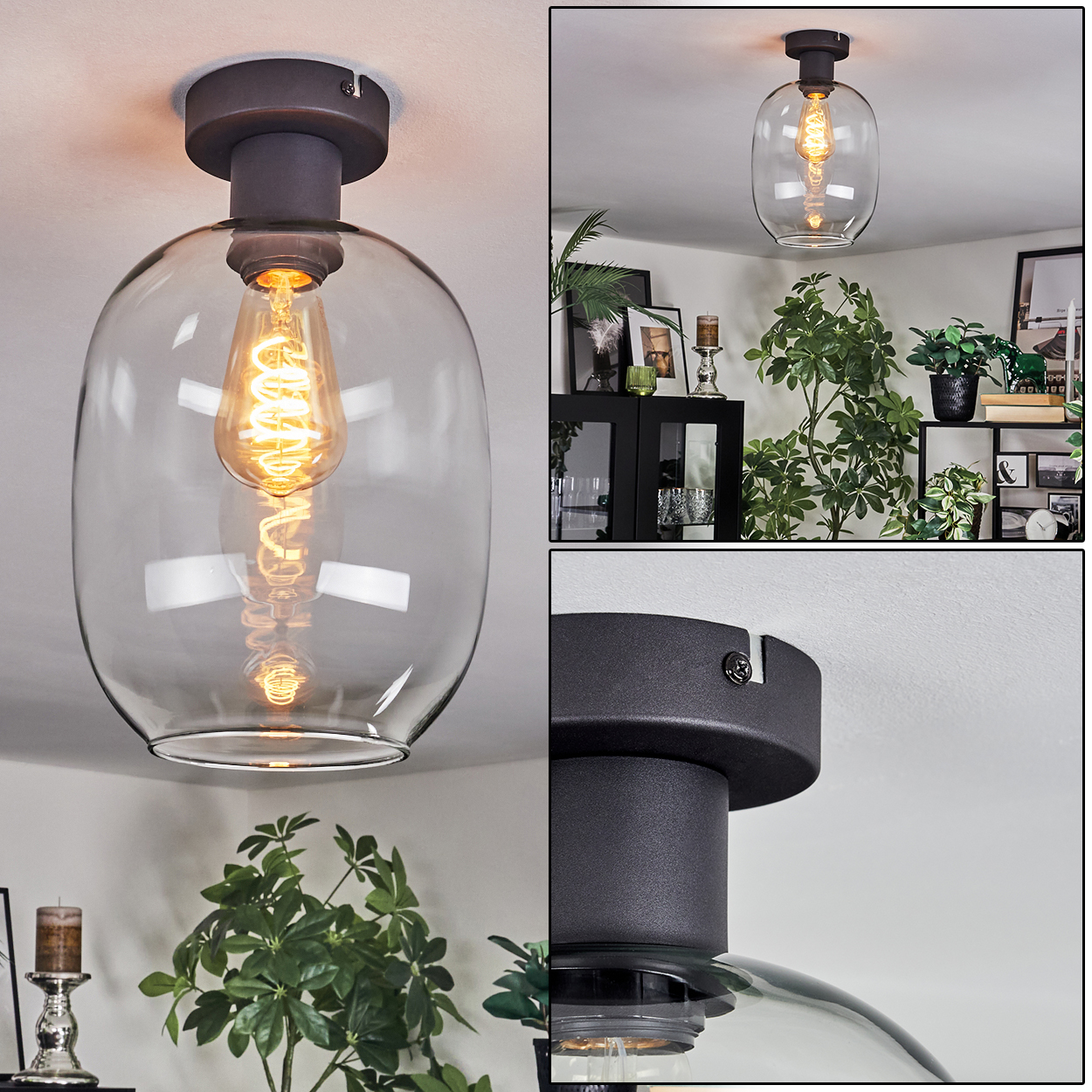 Eine moderne Deckenlampe mit Glasschirm und sichtbarer Edison-Glühbirne. Im Hintergrund ein Raum mit Pflanzen und Möbeln.