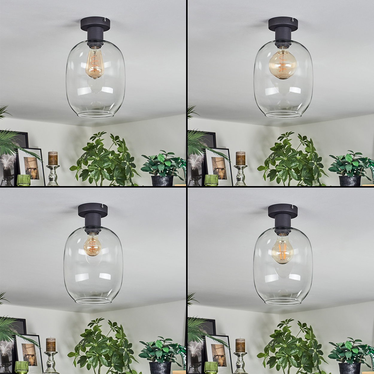 Eine moderne Leuchte mit einem transparenten Glasschirm und einer sichtbaren Edison-Glühbirne. Darunter dekorieren Pflanzen und gerahmte Bilder den Raum.