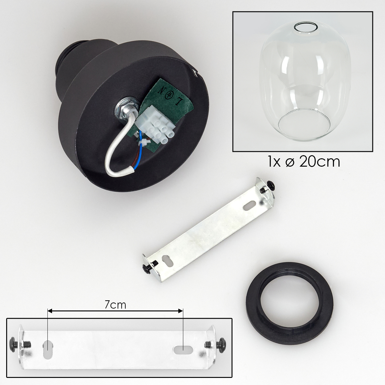 Komponenten einer Deckenleuchte: ein schwarzer Sockel, ein Glasschirm, eine Halterung und ein schwarzer Ring. Abmessungen sind angegeben.