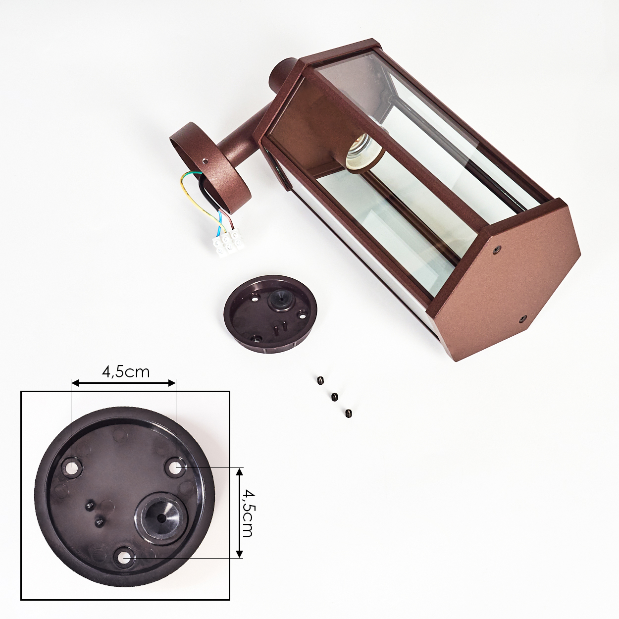 Braune Außenlampe zerlegt. Enthält einen Sockel, Schrauben und einen gläsernen Lampenkörper. Messlinien zeigen 4,5 cm.