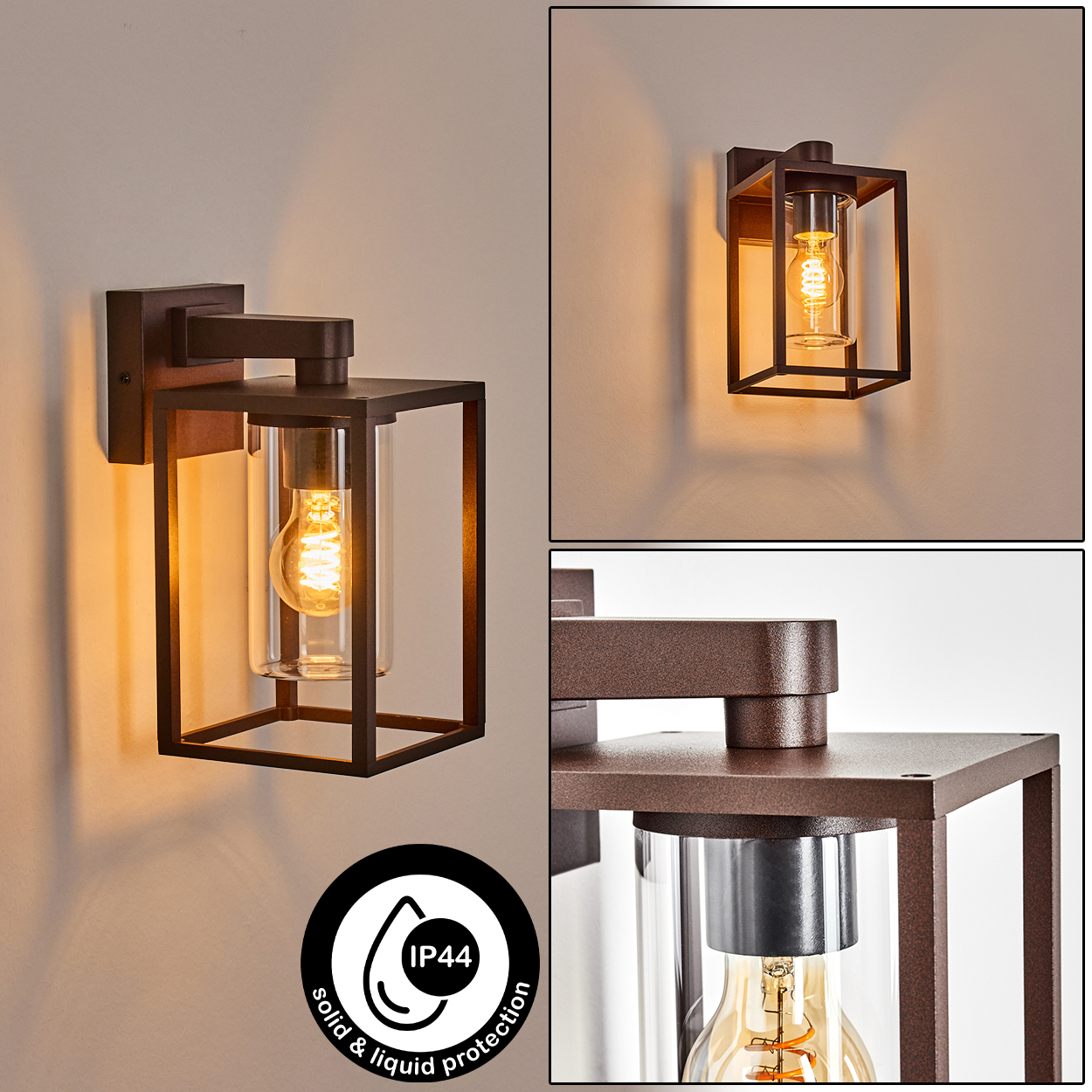 Eine bronzefarbene Außenwandleuchte mit einem klaren Glaszylinder, der eine leuchtende Glühbirne enthält, an einer hellbeige Wand montiert. IP44-Symbol vorhanden.