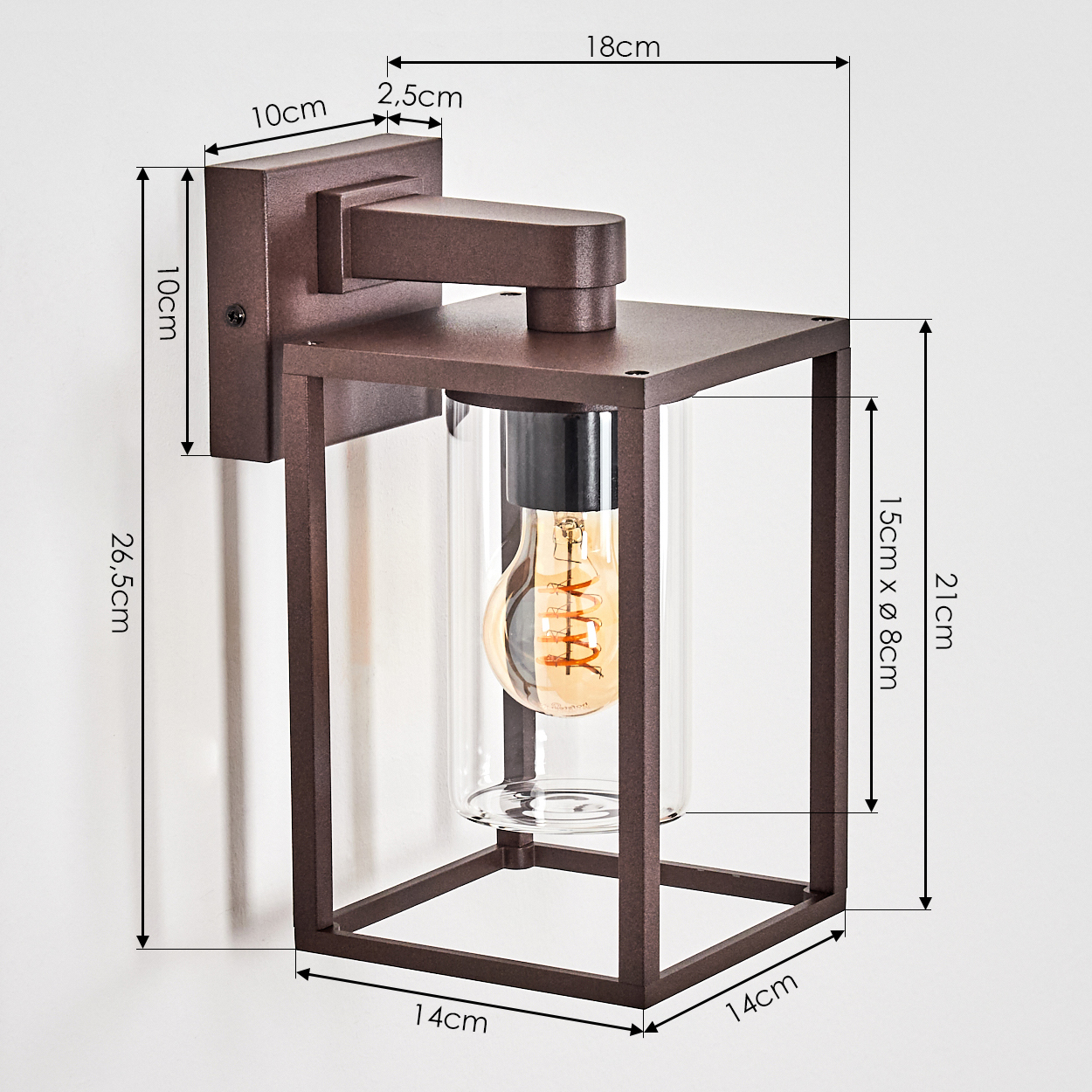 Braune Metall-Außenlampe mit Glaszylinder. Sie hat eine sichtbare Glühbirne. Abmessungen sind auf dem Bild angegeben.
