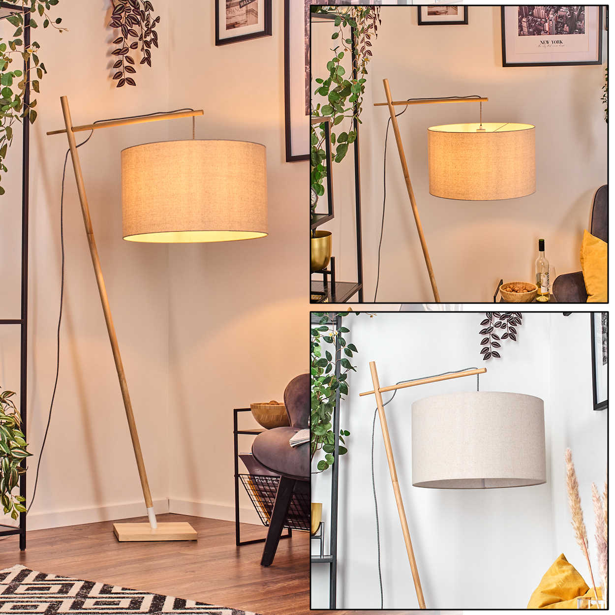 Eine moderne Stehlampe mit beigem Lampenschirm. Sie steht auf einem Holzsockel in einem Raum mit Pflanzen und einem Teppich.