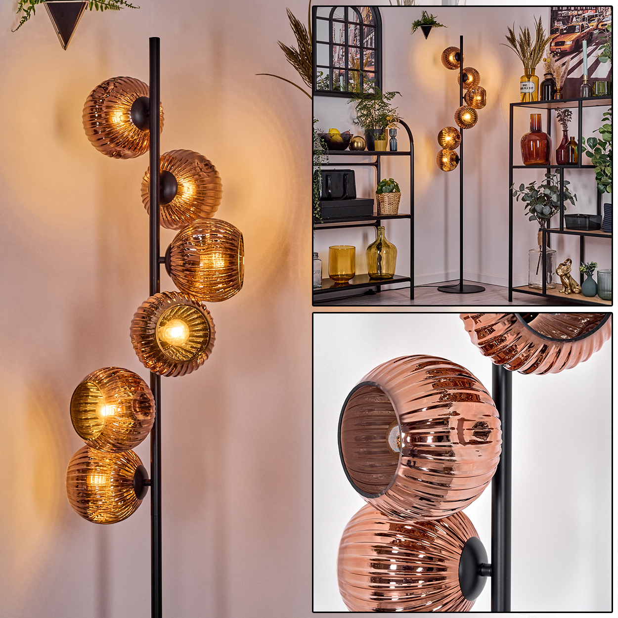 Eine hohe, schwarze Lampe mit sechs kupferfarbenen Glaskugelschirmen. Im Hintergrund Regale mit Vasen und Dekoration.