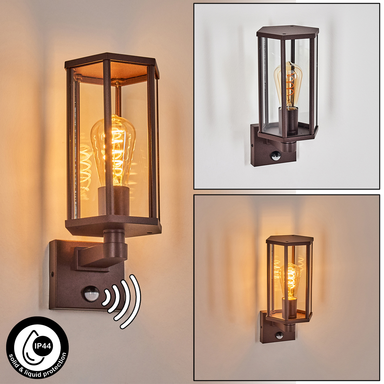 Eine bronzefarbene Außenwandleuchte mit Glasgehäuse, Edison-Glühbirne und Bewegungssensor. IP44-Symbol vorhanden.