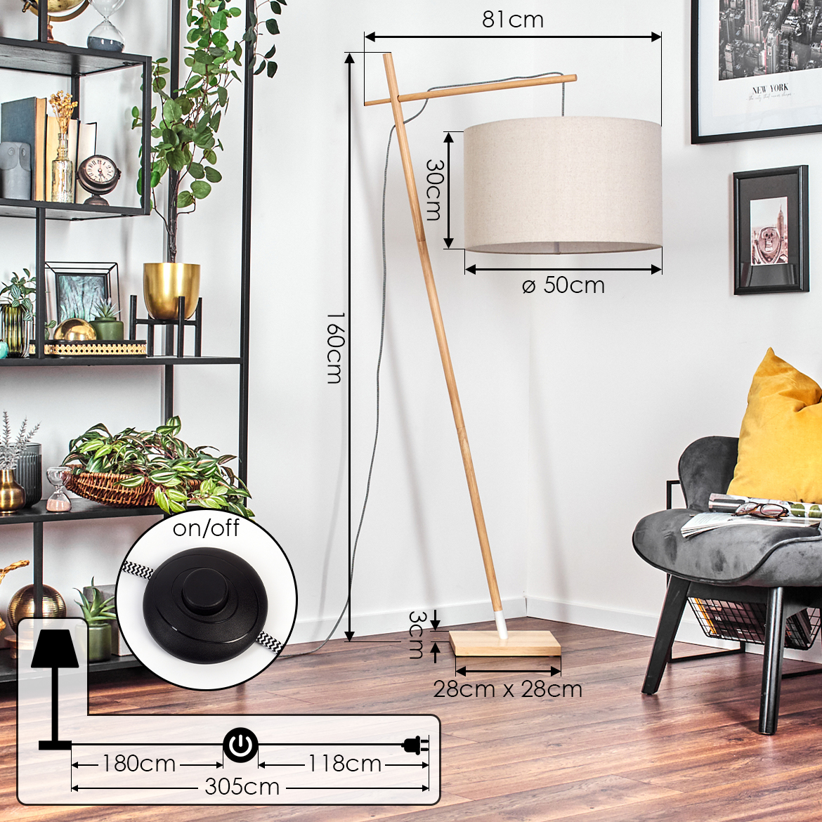Eine moderne Stehlampe mit beigem Lampenschirm, Holzständer und schwarzem Sockel. Abmessungen und Details sind ebenfalls abgebildet.