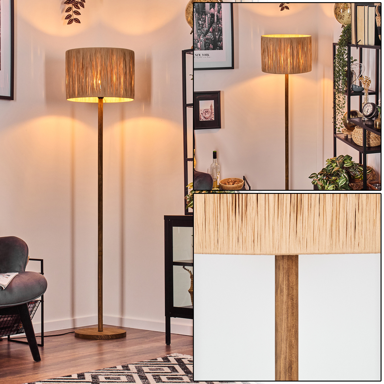 Eine Stehlampe mit beigem Lampenschirm. Die Lampe steht in einem Raum mit Teppich und Möbeln. Hintergrund: Regale, Bilder, Pflanzen.