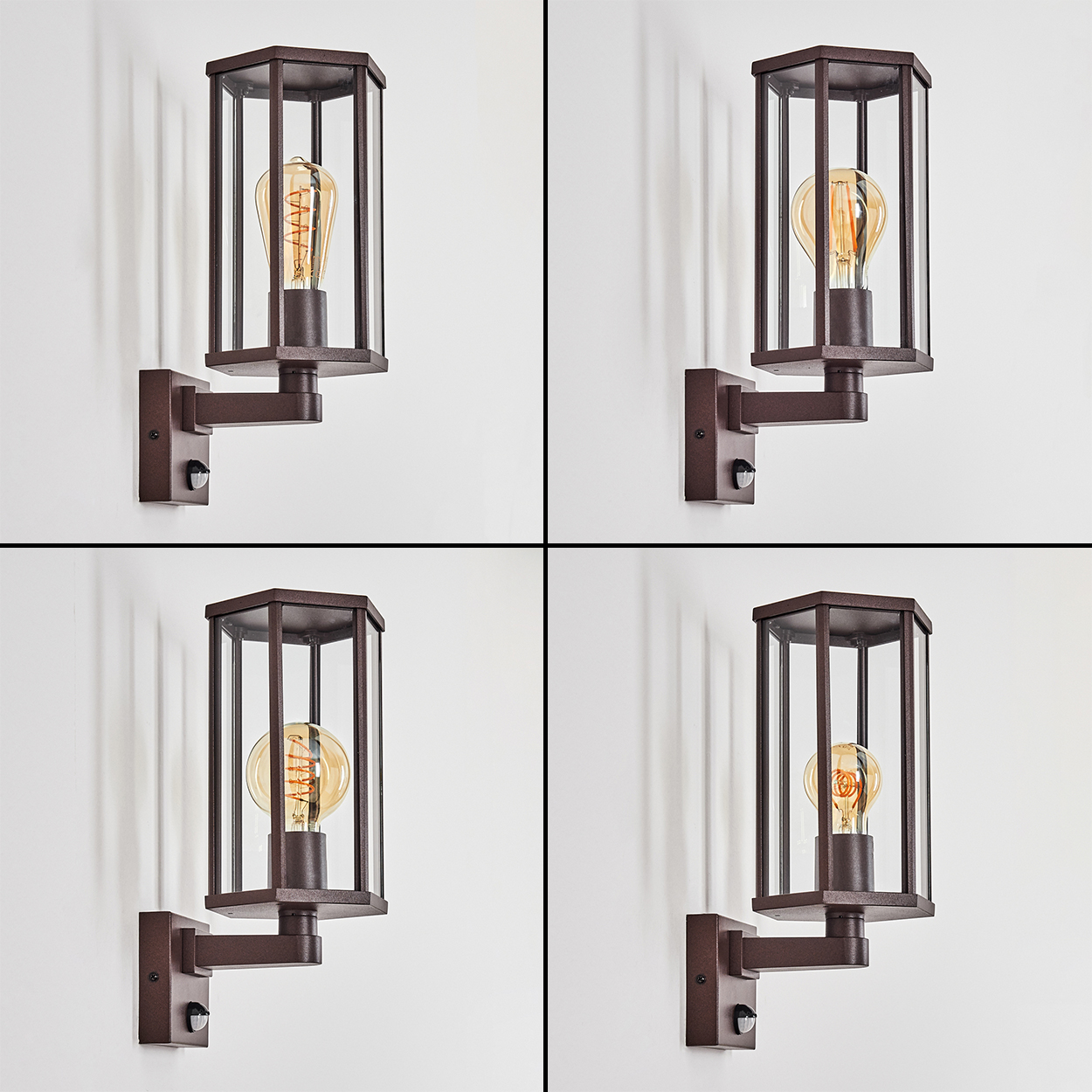 Vier braune Wandlampen mit sichtbaren Glühbirnen. Jede Lampe hat einen rechteckigen, glaseingeschlossenen Schirm und einen Bewegungssensor.