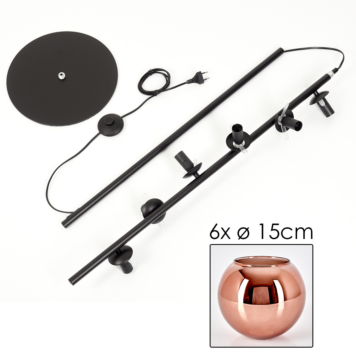 Zerlegte schwarze Stehlampe mit kupferfarbener Glaskugel. Teile umfassen Basis, Stange, Lampenköpfe und Netzkabel.