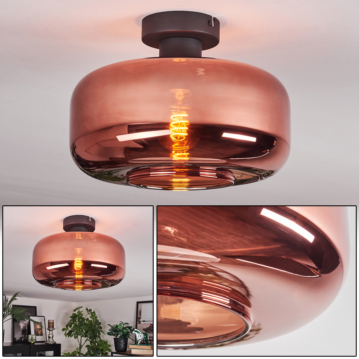 Eine moderne, kupferfarbene Deckenlampe mit sichtbarer Glühbirne. Die Lampe hat einen runden, glänzenden Schirm. Im Hintergrund ein Raum mit Pflanzen.