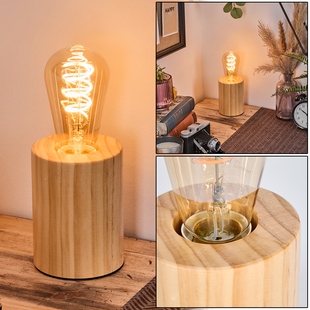 Eine leuchtende Edison-Glühbirne sitzt auf einem Holzsockel. Der Hintergrund zeigt einen Schreibtisch mit Büchern, einer Kamera, einer Uhr und einem gerahmten Bild.