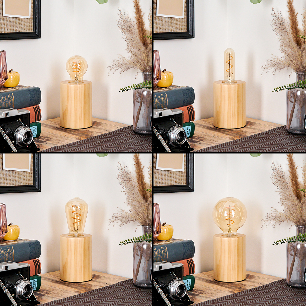 Ein Tisch mit Lampe, Büchern, Kamera, Vasen und Dekoration. Die Lampe hat Holzsockel und eine leuchtende Glühbirne.
