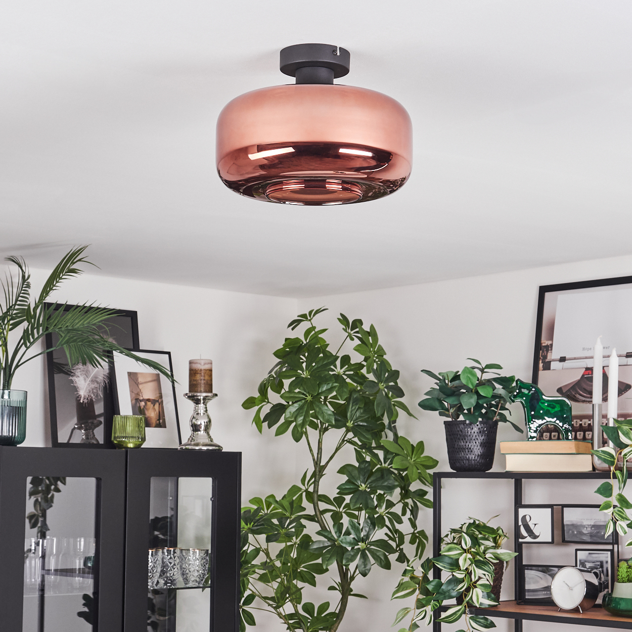 Ein modernes Wohnzimmer mit Kupferdeckenlampe, Pflanzen, schwarzen Schränken und gerahmten Bildern. Verschiedene grüne Pflanzen füllen den Raum.