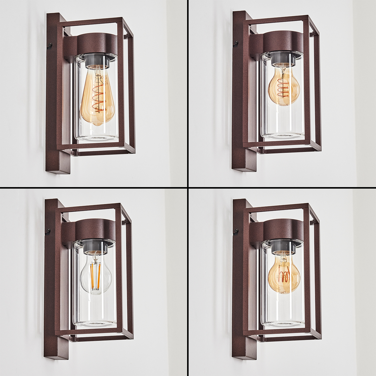 Vier Wandleuchten mit braunen Metallrahmen, Glasröhren und verschiedenen Glühbirnen an einer weißen Wand.