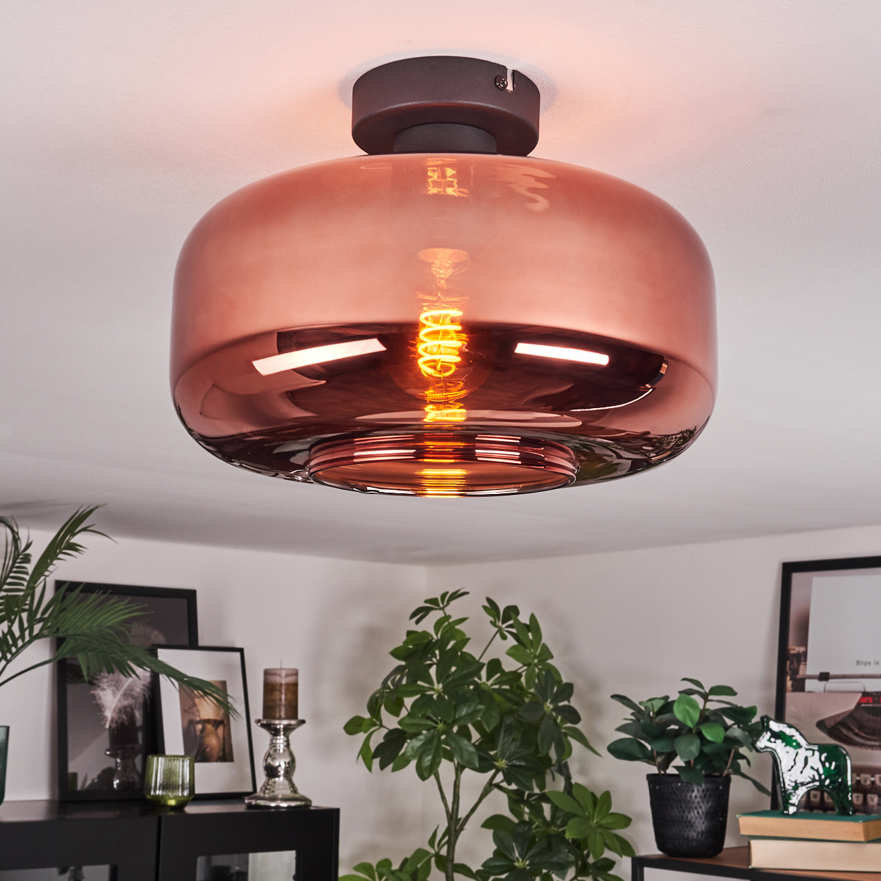 Eine kupferfarbene Deckenlampe mit sichtbarer Glühbirne hängt über verschiedenen Pflanzen und gerahmten Bildern in einem Raum.