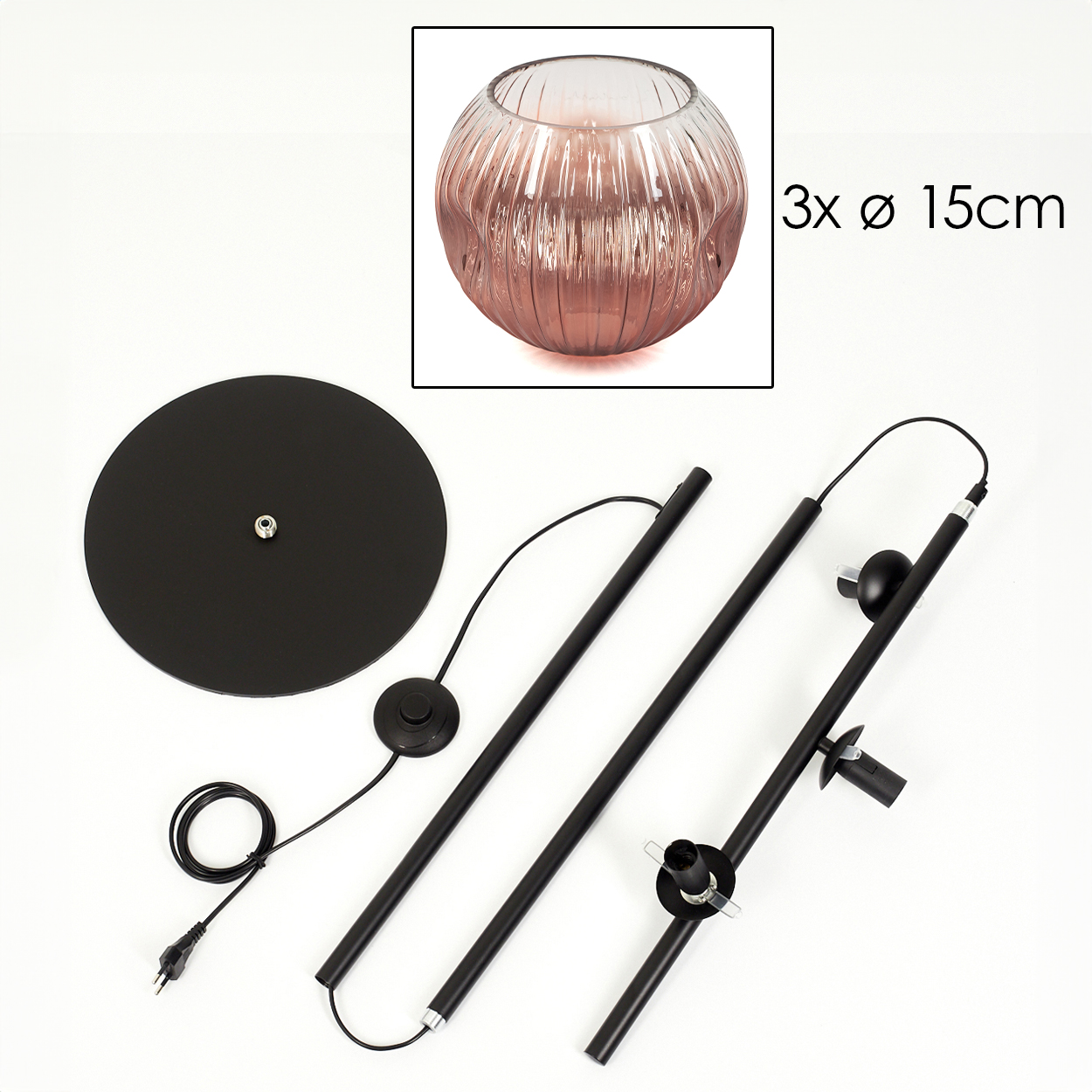 Zerlegte schwarze Stehlampe mit rosafarbener Glasschale auf weißem Hintergrund. Komponenten sind Basis, Stangenteile und Lampe.
