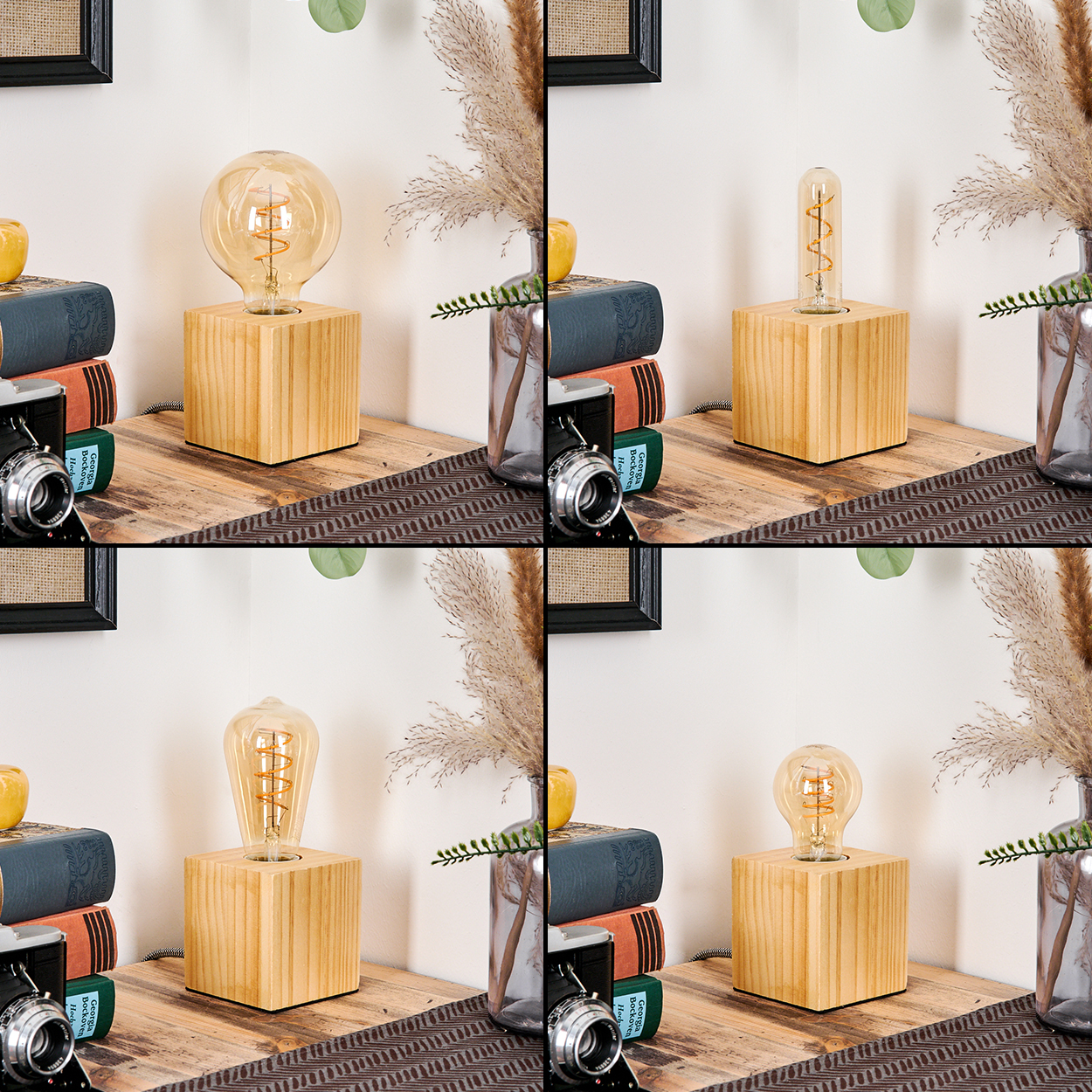 Vier Bilder. Jedes zeigt eine andere Glühbirne auf einem Holzblock. Bücher und Vase sind im Hintergrund. Kamera links.